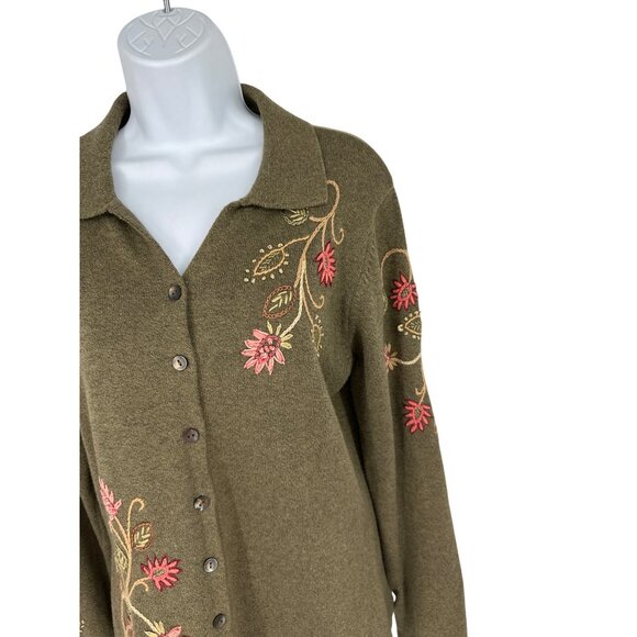 Talbots Floral Embroidered Button-Up Olive Green Long Sleeve Cardigan SizeM - Picture 3 of 11